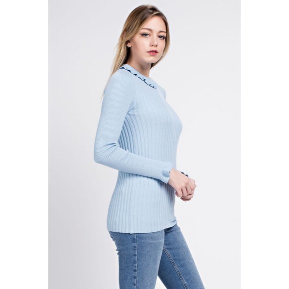 Women's Casual Ruffled Ribbed Turtle Neck Long Sleeve Sweater - Picture 4 of 8
